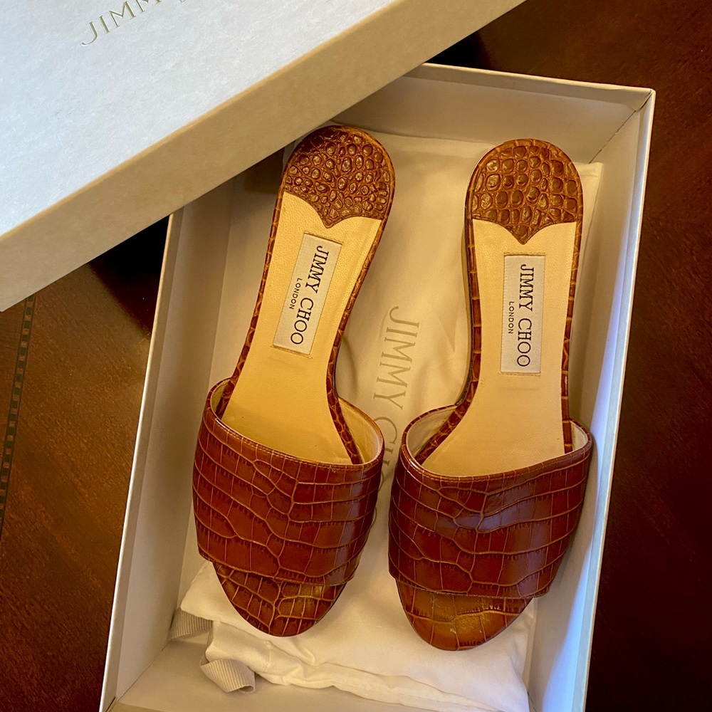 Jimmy Choo Brown (Faux) Alligator Skin Wedge Sandals